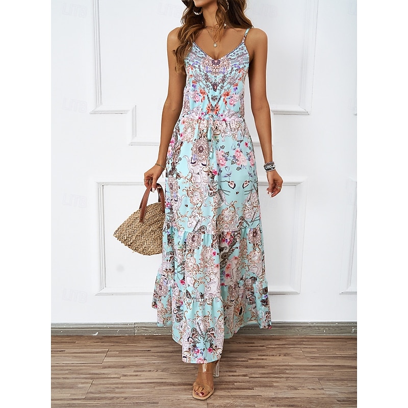 Women's Maxi Dress Casual Dress A Line Dress Slip Dress Boho Dress Bohemia Casual Boho Vacation Daily Regular Fit Floral Sleeveless Strap Blue Green Summer4