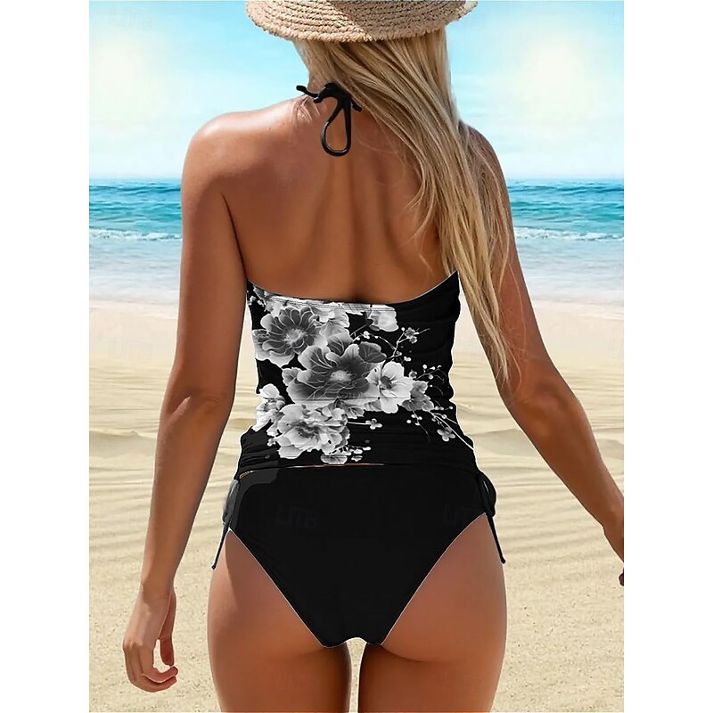 Women's Swimsuits Tankini 2 Piece Cheeky Swimsuit Backless Vacation Beach Wear Floral Halter Neck Sleeveless Bathing Suits2