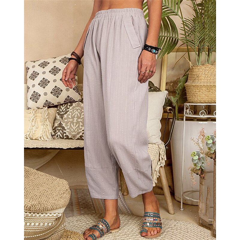 Women's Cotton Linen Pants Pants Trousers Lightweight Casual Ankle-Length High Rise Plain Pocket Breathability Comfortable Inelastic Casual Daily Weekend Wine Navy Black White Summer Spring Regular2