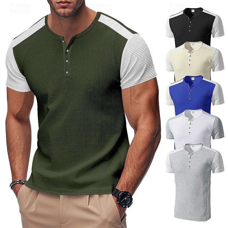 Men's Waffle T-shirt Waffle Henley Shirt Color Block Tee Short Sleeve Henley Summer Spring Color Block Vintage Style Color Block Casual Black White Gray Top Tee for Men