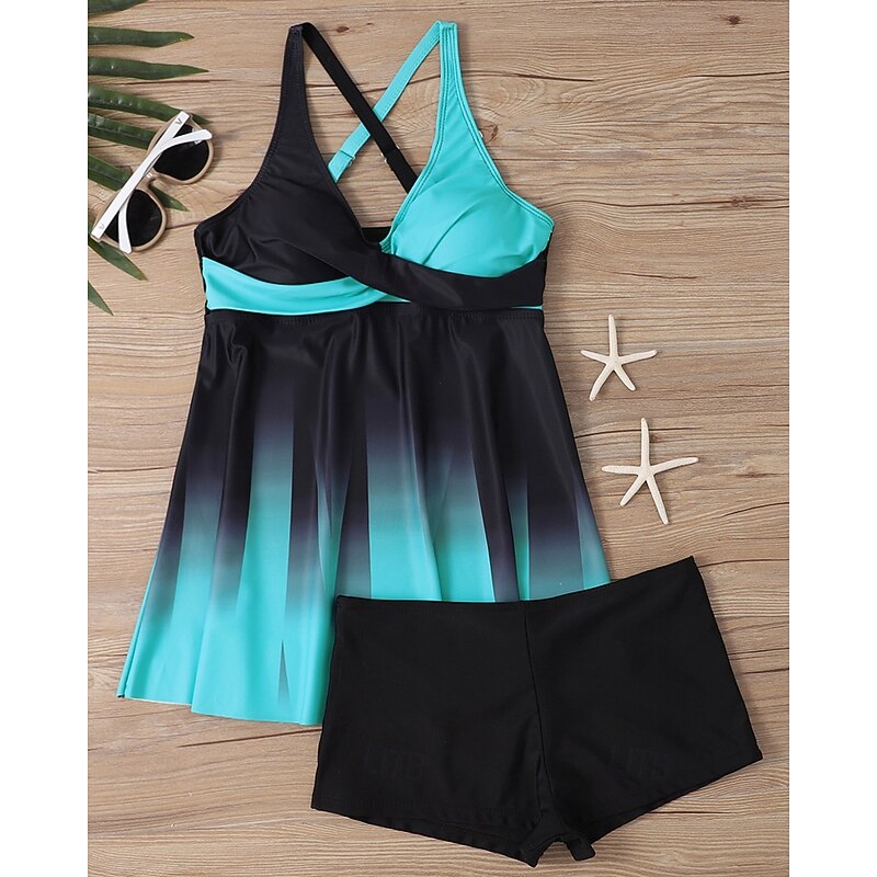 Women's Tankini Two Piece Swimsuit V Neck Swimwear Swimwear Black White Breathable Quick Dry Lightweight Sleeveless - Swimming Surfing Beach Summer Spring Plus Size2