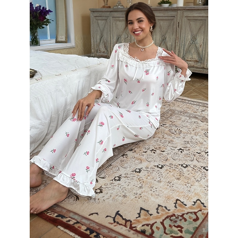 Women's Pajamas Loungewear Pajama Set Simple Comfort Sweet Flower Lace Ruffle Patchwork Pullover Pant Home Gift Daily Long Sleeve Square Neck White Summer Spring Fall Winter Loose Fit3