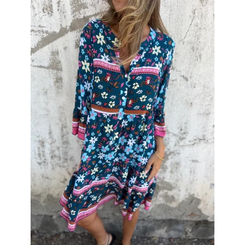 Women's Midi Dress Casual Dress Boho Chic Dresses Bohemia Casual Boho Vacation Daily Beach Loose Fit Floral 3/4 Length Sleeve Shirt Collar Navy Blue Royal Blue Purple Summer Spring