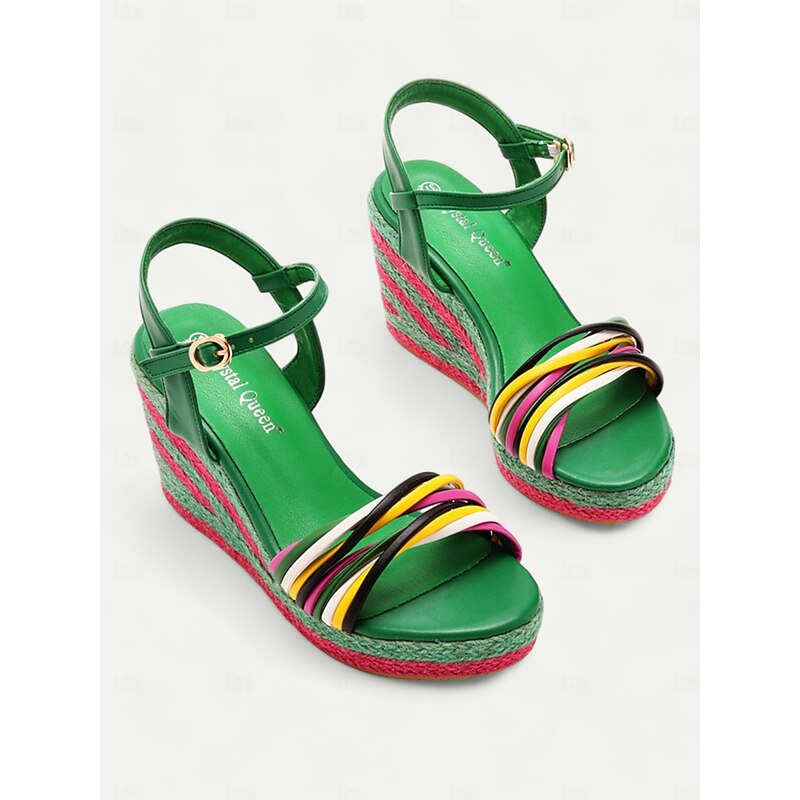 Women's Colorful Striped Wedge Sandals - Green Ankle Strap Espadrille Style for Summer Beach and Casual Wear4