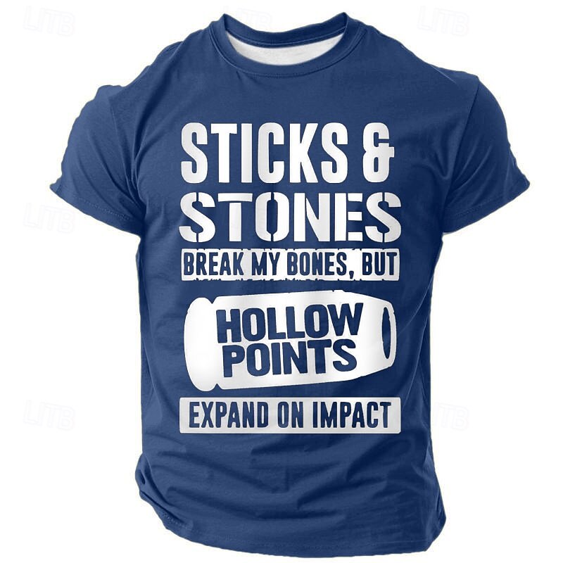 Men's Graphic T-Shirt: Sticks & Stones Hollow Points Quote - Dark Humor Lifestyle Tee