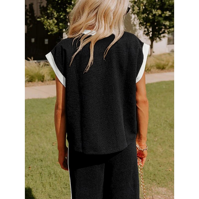 Women's Fashion Streetwear Daily T Shirt Wide Leg Pants Short Sleeve Crew Neck Plain Casual Daily Black White Summer Regular Fit4