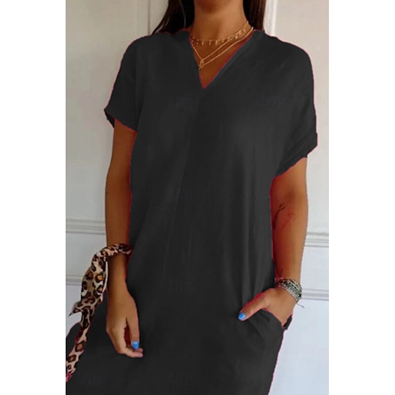 Women's Midi Dress Cotton Linen Dresses Casual Dress Basic Casual Vacation Daily Regular Fit Solid Color Short Sleeve V Neck Black Green Summer3