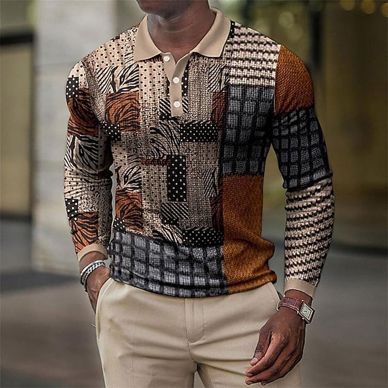 Men's Plaid Waffle Polo Shirts Golf Shirt Long Sleeve Polo Shirts Collared Shirts Vintage Casual Vacation Wear Formal Wear Festival Wear 3D Print Buttons Red Blue Purple3