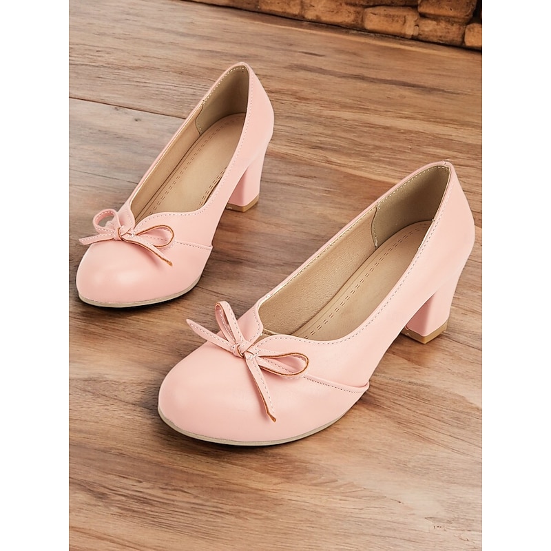 Women's Heels Retro Work Daily Bowknot Chunky Heel Round Toe Elegant Vintage Cute PU Loafer Almond Black White2