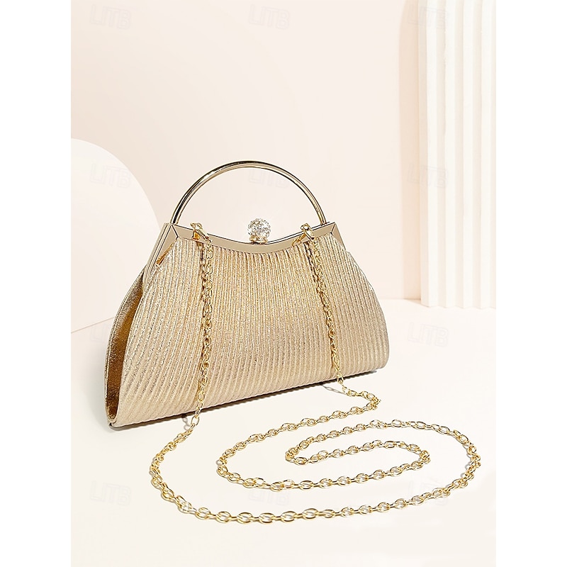 Women's Gold Pleated Evening Handbag with Crystal-Embellished Handle – Elegant Party Bag for Weddings and Formal Events Silver Black Pink2