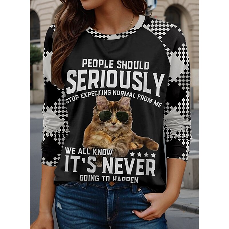 Women's T shirt Long Sleeve Cat Letter Casual Long Sleeve Crew Neck Long Tops Daily Print Black Spring Fall Prefall3