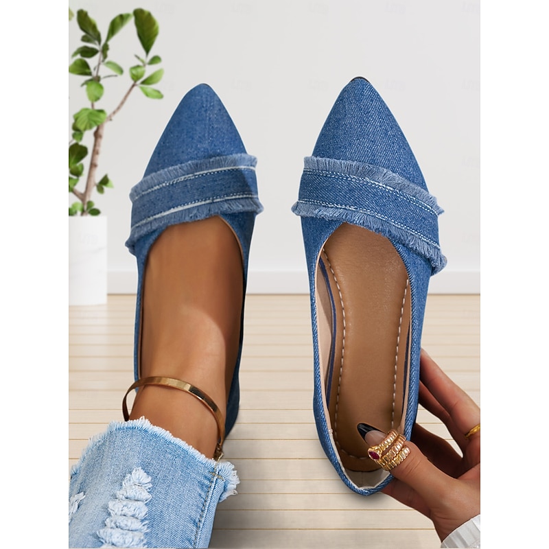 Women's Denim Pointed-Toe Flats with Frayed Detailing - Casual and Chic Shoes for Everyday Outings and Spring Fashion