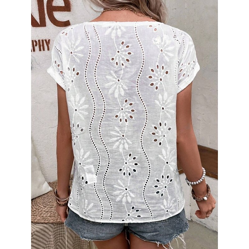 Women's Shirt Blouse Solid Color Stylish Casual Short Sleeve Crew Neck Regular Tops Daily Embroidered Eyelet White Summer Spring Fall2