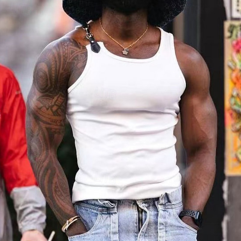 Men's Tank Top Undershirt Sleeveless Shirt Muscle Shirt Sleeveless Crew Neck Summer Color Block Pit Strip Fashion Designer Muscle Buckle Outdoor Going out Gym Black White Top Tee for Men