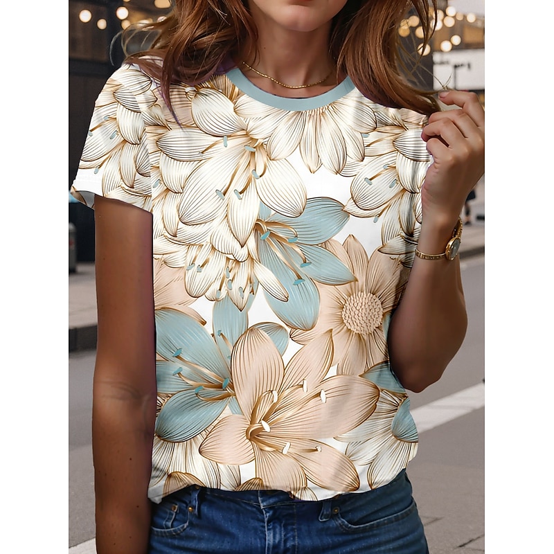 Women's T Shirt Floral Casual Short Sleeve Round Neck Regular Tops Daily Print Light Blue Summer