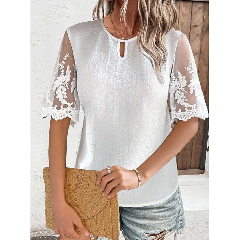 Women's White Elegant Lace Tops Eyelet Blouse Daily Regular Tops Short Sleeve Crew Neck Lace Regular Fit Daily Going out Romantic Petite Tops Summer Holiday Wear White Summer
