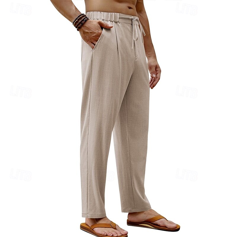 Men's Linen Pants Trousers Summer Pants Beach Pants Drawstring Elastic Waist Straight Leg Plain Comfort Breathable Full Length Daily Holiday Wedding Party Fashion Classic Style Black White3