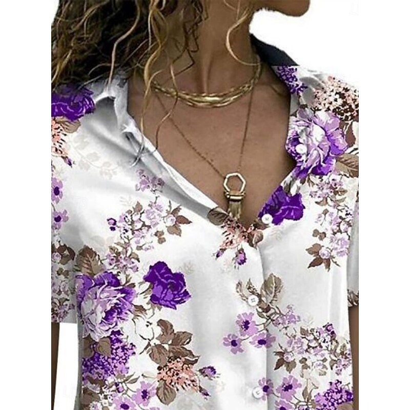 Women's Shirt Blouse Floral Stylish Casual Short Sleeve Shirt Collar Regular Tops Daily Buttons Print Blue Purple Green Summer Spring2