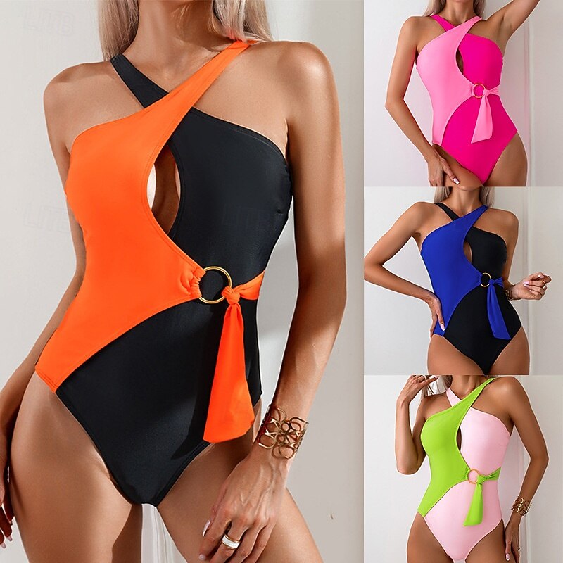 Women's One Piece Swimsuit Cut Out Swimwear Patchwork Swimwear Pink Blue Breathable Quick Dry Lightweight Sleeveless - Swimming Surfing Beach Summer Spring