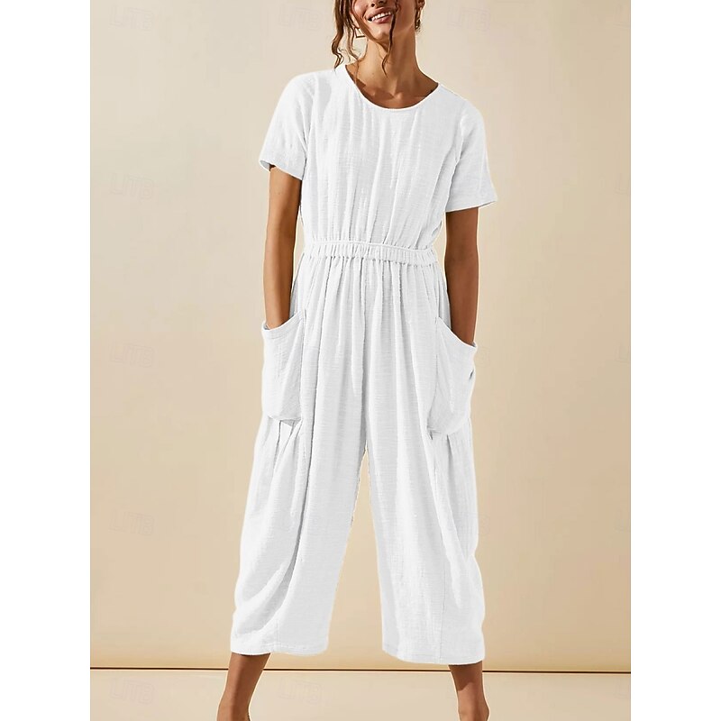 Women's Normal Jumpsuit Active Solid Color Short Sleeve Round Neck Pocket Vacation Daily Regular Fit White Green Khaki Summer3