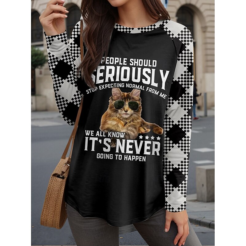 Women's T shirt Long Sleeve Cat Letter Casual Long Sleeve Crew Neck Long Tops Daily Print Black Spring Fall Prefall