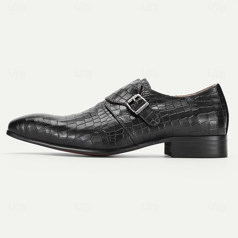 Men's Black Crocodile Pattern Leather Monk Strap Shoes – Premium Cowhide, Formal Style for Business and Special Occasions3