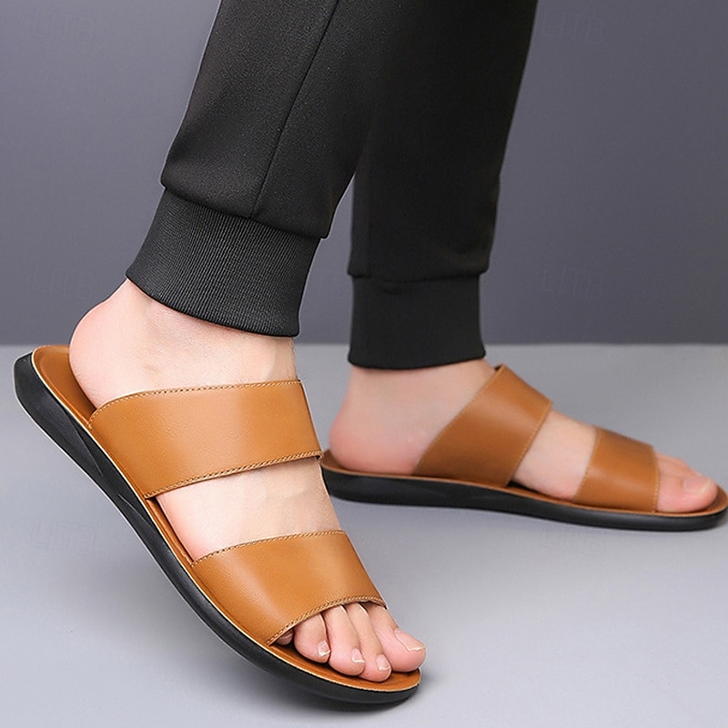 Men's Tan Faux Leather Slide Sandals – Minimalist Double Strap Design, Lightweight and Comfortable Summer Footwear for Beach and Casual Wear3