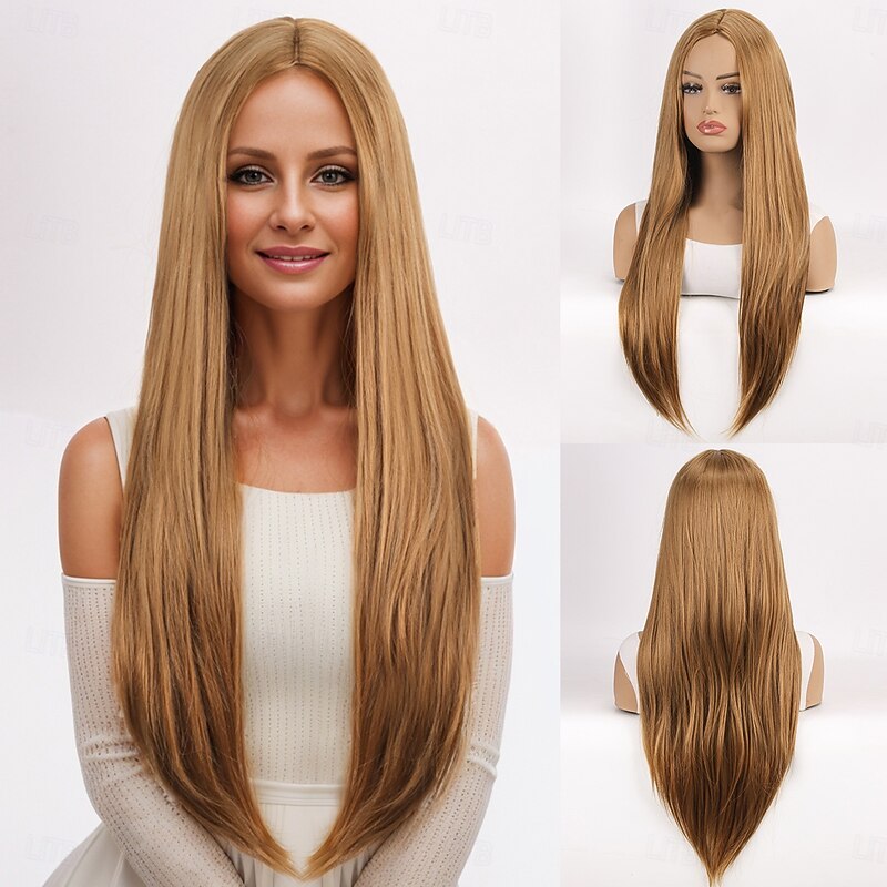 Synthetic Wig Yaki Straight With Bangs Machine Made Wig 30 inch Light golden Synthetic Hair Women's Classic Easy to Carry Adorable Blonde