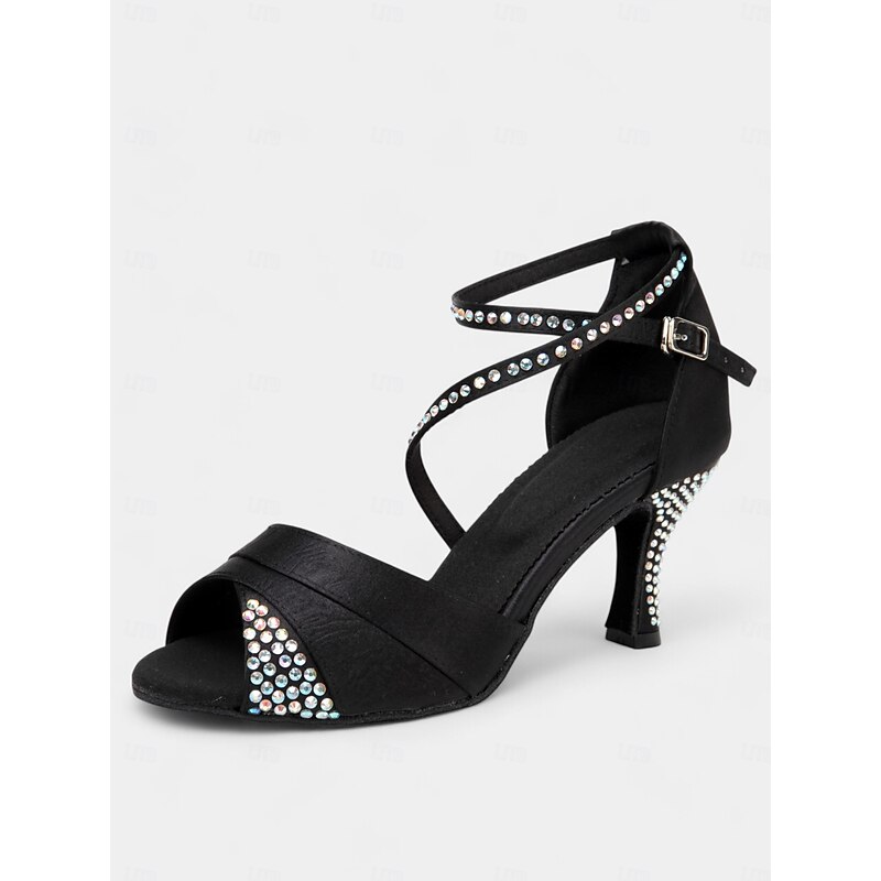 Women's Latin Dance Shoes Samba ChaCha Rumba Softer Party / Evening Rhinestone High Heel Low Heel Peep Toe Open Toe Lace-up Adults' Black - Main Image