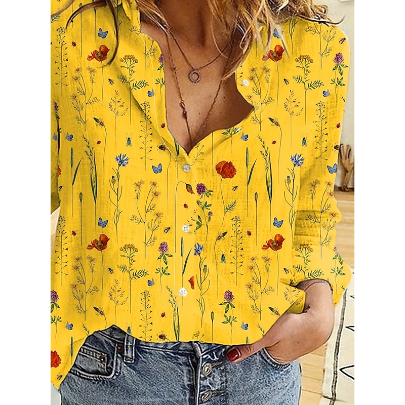 Women's Shirt Button Down Tunic Shirt Collar Long Sleeve Floral Daily Stylish Long Tops Daily s Print Yellow Spring3