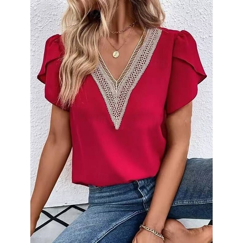 Women's White Elegant Lace Tops Eyelet Blouse Casual Solid Color Regular Tops Short Sleeve V Neck Lace Patchwork Regular Fit Daily White Red Romantic Petite Tops Summer Holiday Wear4