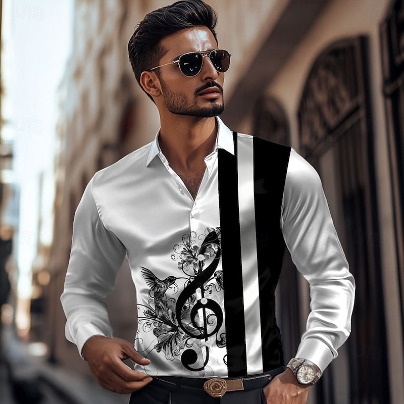 Men's Striped Musical Notes Satin Shirt Dress Shirt Button Up Shirt Long Sleeve Fashion Casual Vacation Daily Evening Party Summer Spring Fall Turndown Collared Shirts 3D Print White2