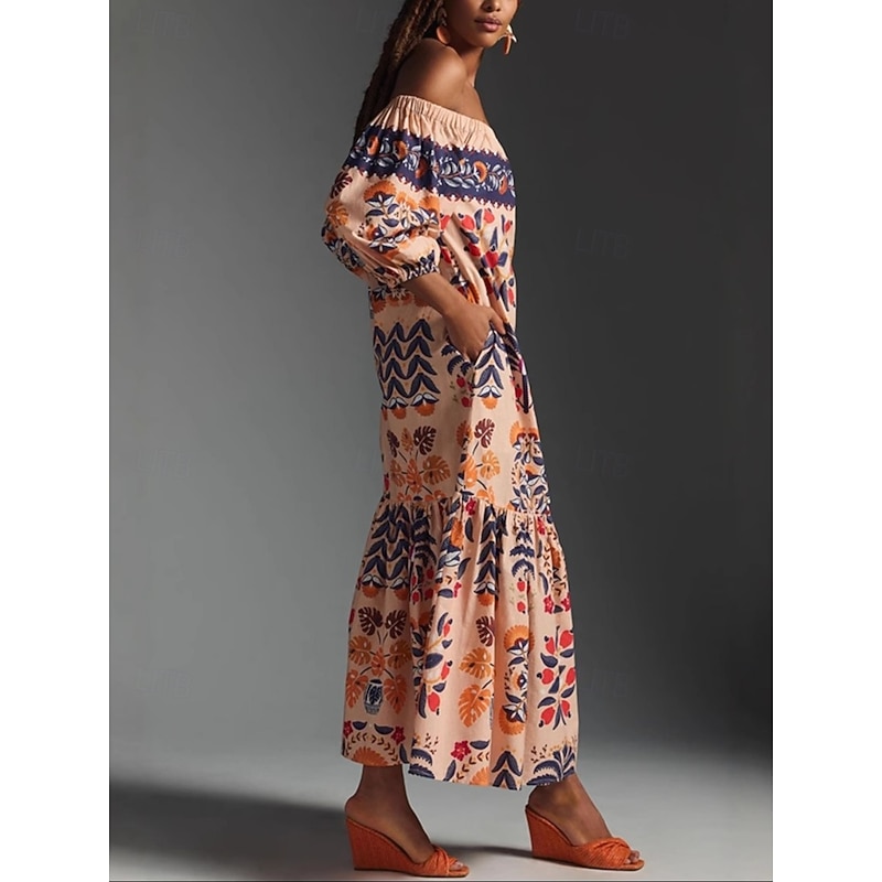 Women's Maxi Dress Casual Dress Boho Chic Dresses Boho Dress Bohemia Cute Stylish Vacation Daily Beach Loose Fit Graphic Long Sleeve Off Shoulder Orange Summer Spring4