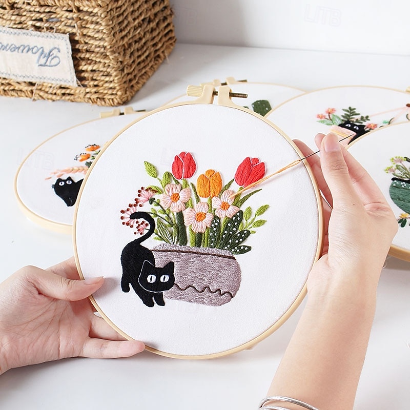 Cute Cat Embroidery Kit for Adults Beginners, Stamped Cross Stitch Starter Kits Include Embroidery Needlepoint Cloth Hoops Needles Threads and Instruction2