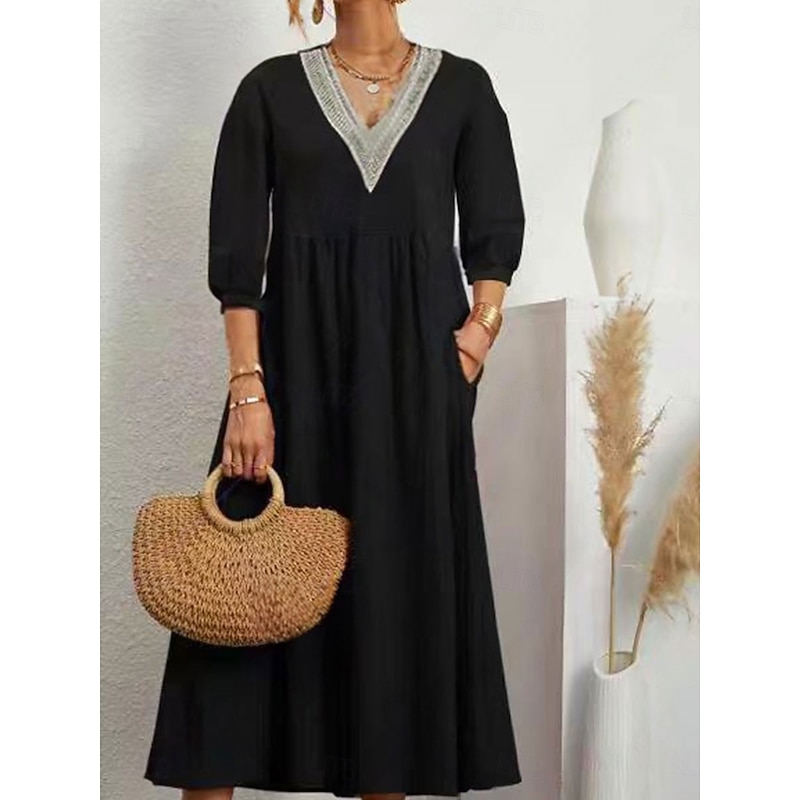 Women's Midi Dress Elegant Vintage Stylish Lantern Sleeve Vacation Daily Regular Fit Plain 3/4 Length Sleeve V Neck Black White Summer Spring Fall