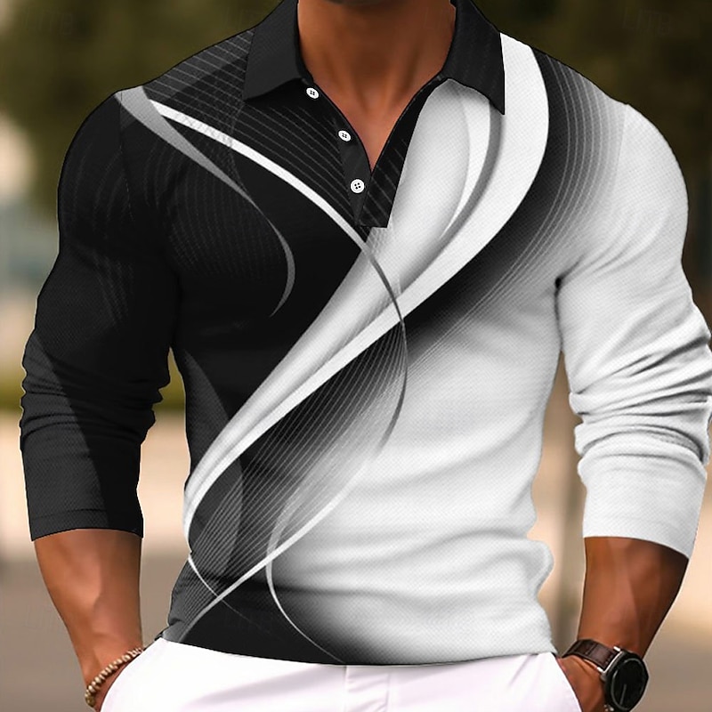 Men's Geometric Polo Shirts Golf Shirt Long Sleeve Polo Shirts Collared Shirts Business Casual WorkWear Formal Wear Festival Wear 3D Print Buttons Fall & Winter White Blue Green