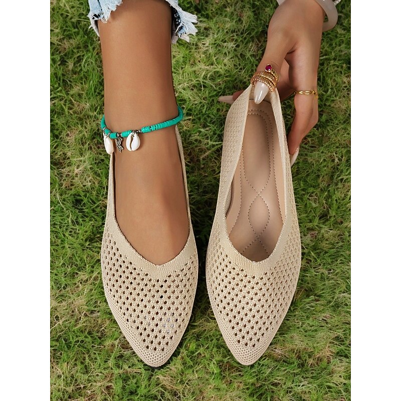Women's Beige Slip-On Fly-knit Flats with Breathable Mesh Design, Lightweight Sole, and Comfortable Fit for Casual Summer Wear and Daily Outfits3