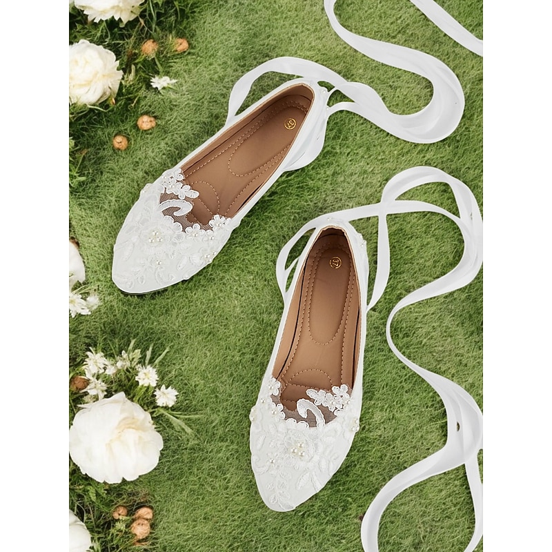 White Lace Bridal Flats with Ribbon Ties - Elegant Wedding Shoes for Women Featuring Floral Embroidery3