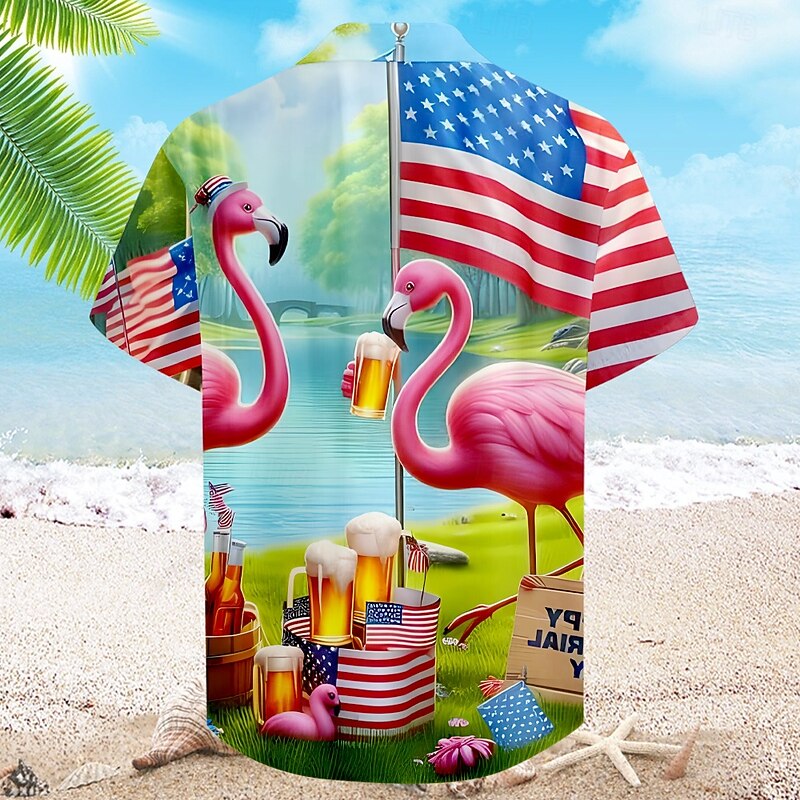 Men's Flamingo American Flag Summer Hawaiian Shirt Aloha Shirt Short Sleeve Hawaiian Vacation Summer Cuban Collar Button Up Green2