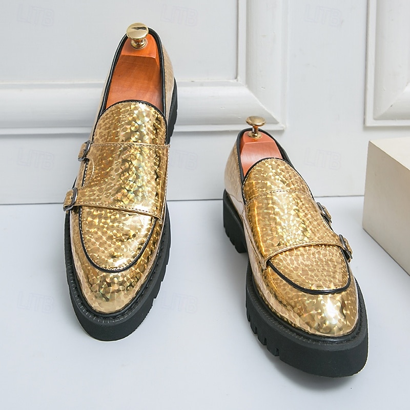 Men's Gold Metallic Loafers with Double Buckle and Chunky Sole - Stylish Party Shoes for Formal and Casual Occasions3