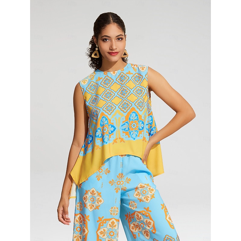 Women's Camisole Tank Top Satin Boho Double Slit Crew Neck Sleeveless Camisole Tank Top