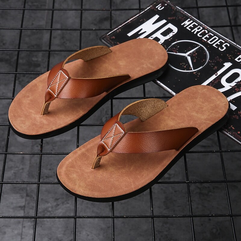 Men's Brown Faux Leather Flip Flops - Casual Open-Toe Summer Sandals with Comfortable Sole for Beach and Everyday Wear4