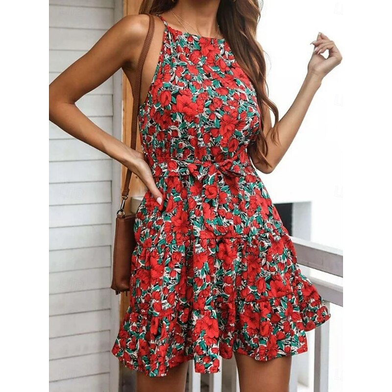 Women's Mini Dress Casual Dress A Line Dress Stylish Casual Vacation Daily Regular Fit Floral Sleeveless Halter Neck Red Purple Summer