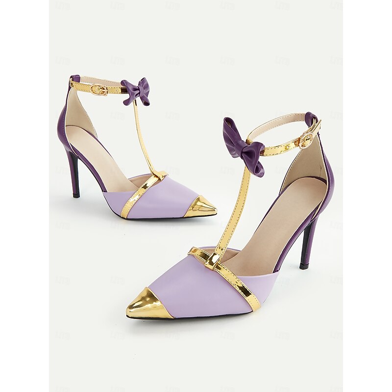 Women's Lavender T-Strap Stiletto Heels with Gold Accents and Bow Details, Elegant Party and Evening Shoes for Special Occasions3