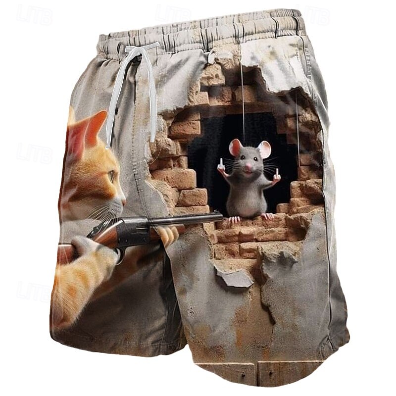 Men's Animal Cat Funny Swim Trunks Swim Shorts Board Shorts Mid Waist Streetwear Hawaiian Casual Daily Holiday Drawstring Pocket Elastic Waist Designer Clothing Apparel
