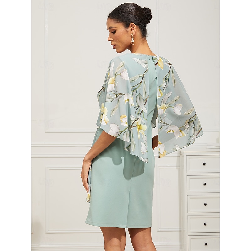 Women's Knee Length Dress Wedding Guest Dress Chiffon Dress Elegant Formal Wedding Guest Form Fit Floral Half Sleeve Crew Neck Light Green Summer Spring Fall2