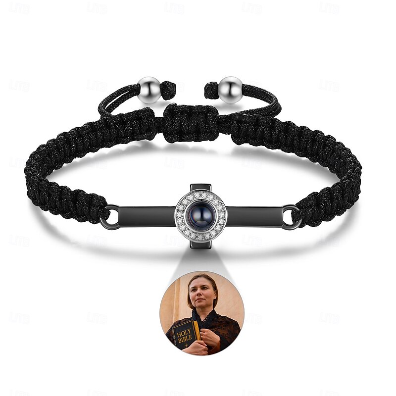 Personalized Cross Bracelet with Photo Projection Stone Custom Best Gift for Mom Religious Jewelry for Family or Friends