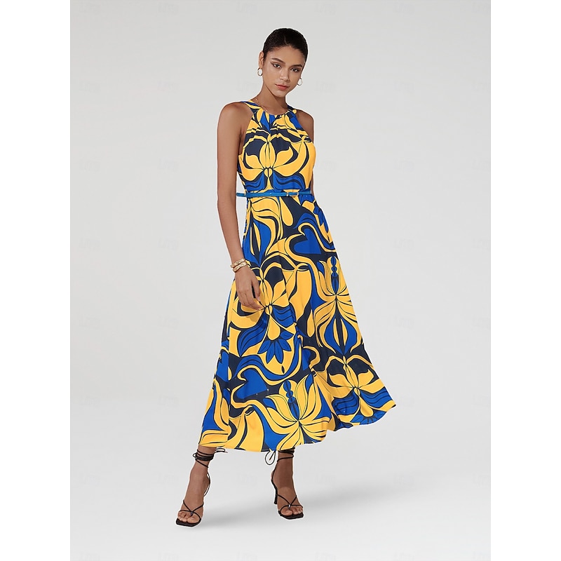Women's Midi Dress Midi Dress Yellow Sleeveless Floral Belted Printing Spring & Summer High Neck Pattern Dress S M L4