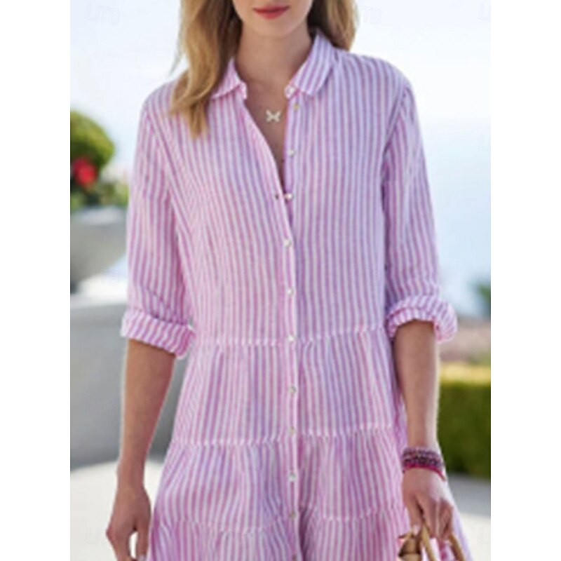 Women's Mini Dress Cotton Linen Dresses Shirt Dress Casual Dress Casual Vacation Daily Regular Fit Stripe 3/4 Length Sleeve Shirt Collar Pink Summer3