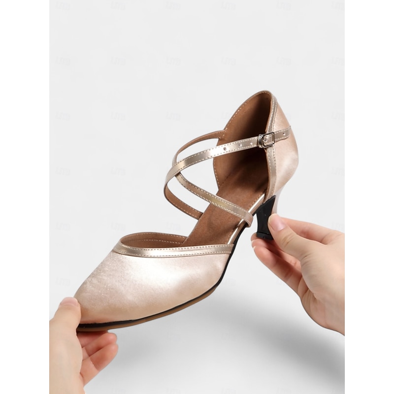 Champagne Satin Closed-Toe Dance Shoes with Cross-Strap Design for Women - Ideal for Ballroom and Social Dancing2